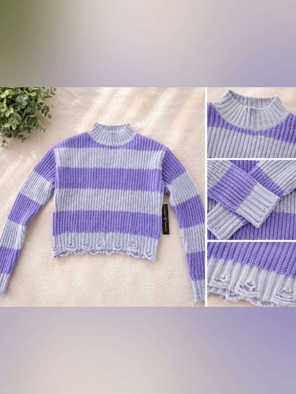 Almost Famous Lavender & Light Gray Striped Cropped Turtleneck Sweater